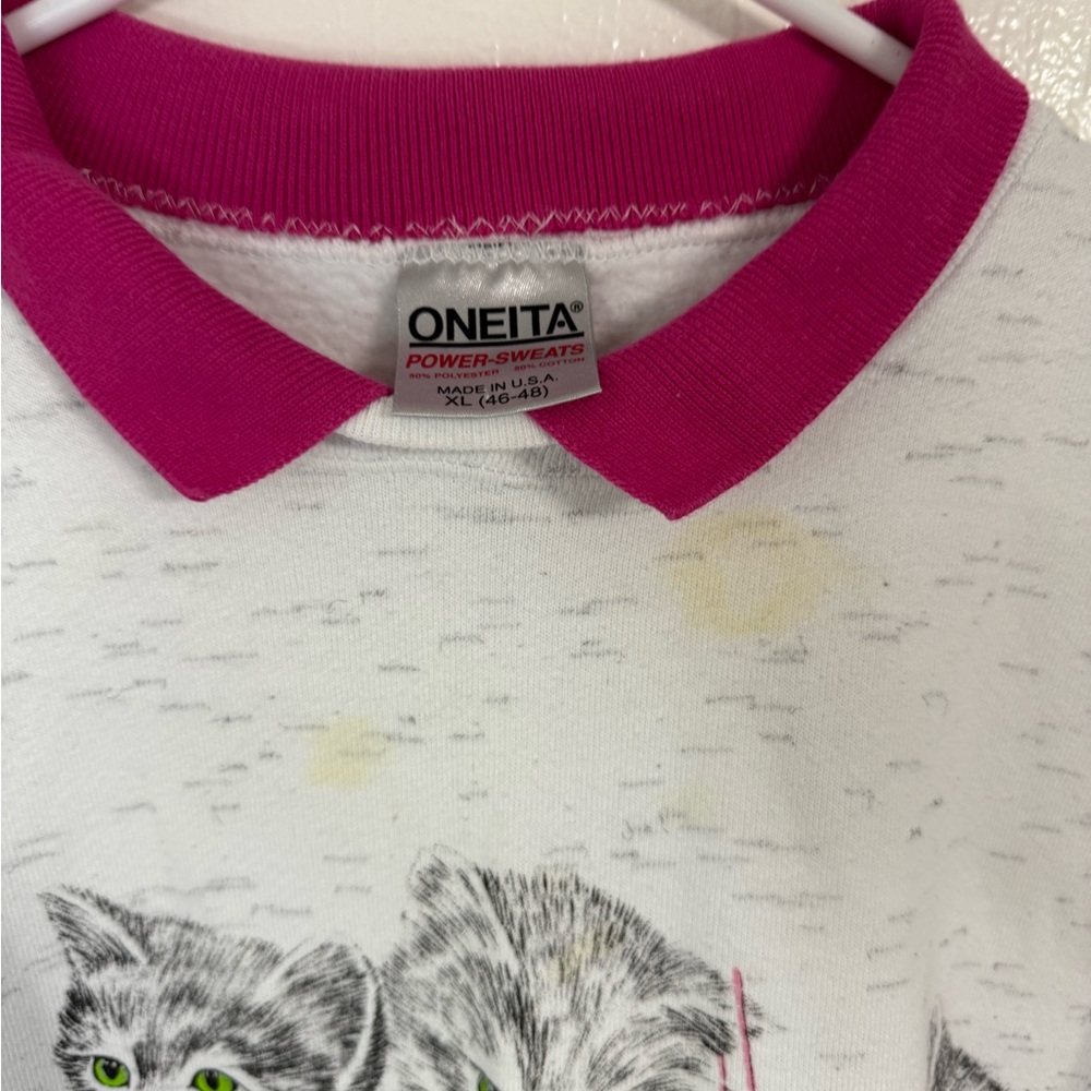 Vintage Oneita Sport Playful Kitten Grandmacore Crew Neck Collared Sweatshirt - Picture 5 of 11